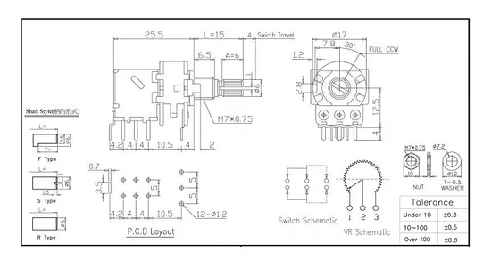 Бак DPDT реостата потенциометра 0.2W ручки 10k PCB роторный